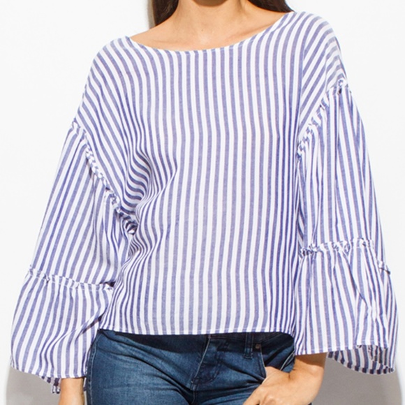 Navy Striped Bell Sleeve Boho Top - Picture 2 of 6